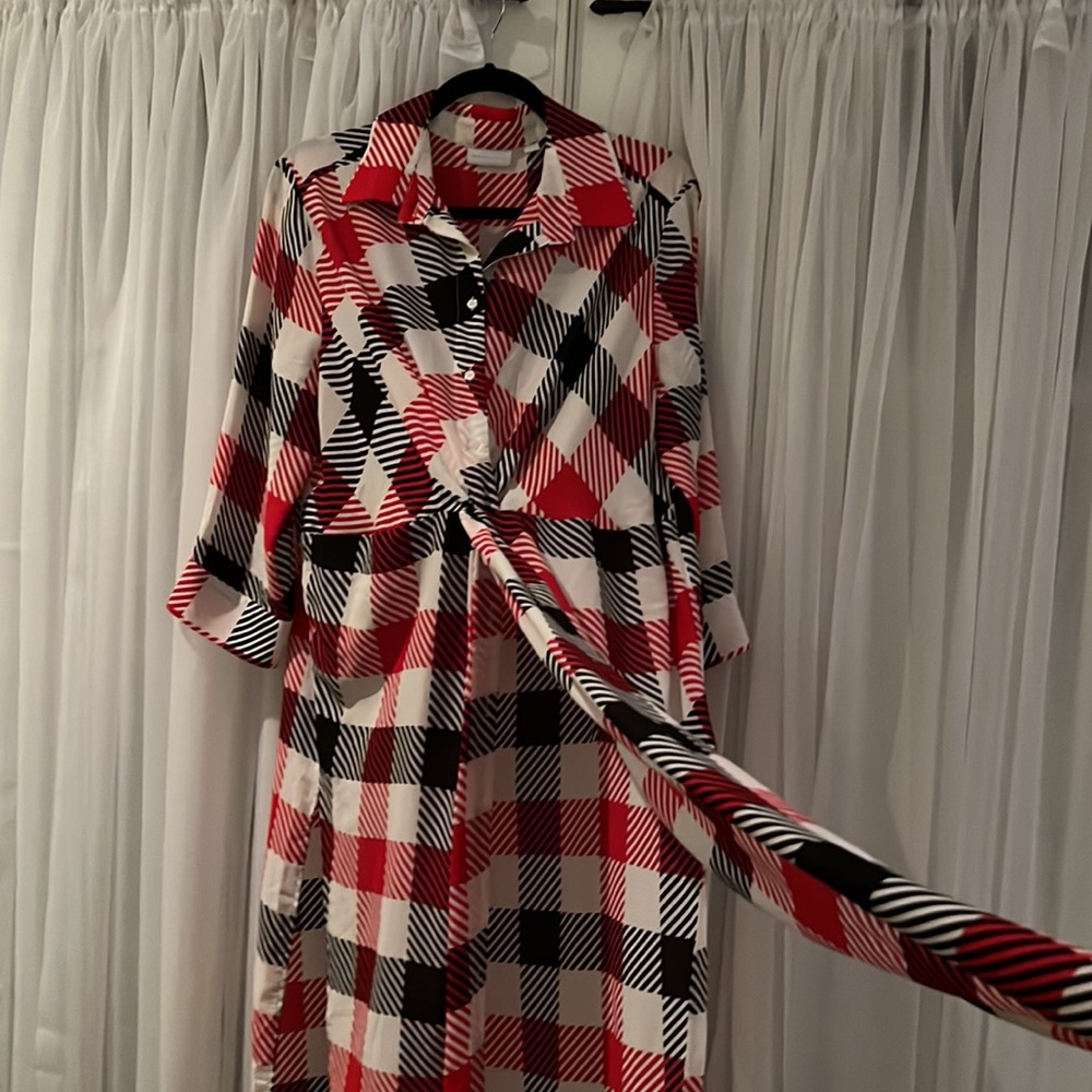 Red, Black, and White Plaid Shirt Dress - Picture 3 of 4